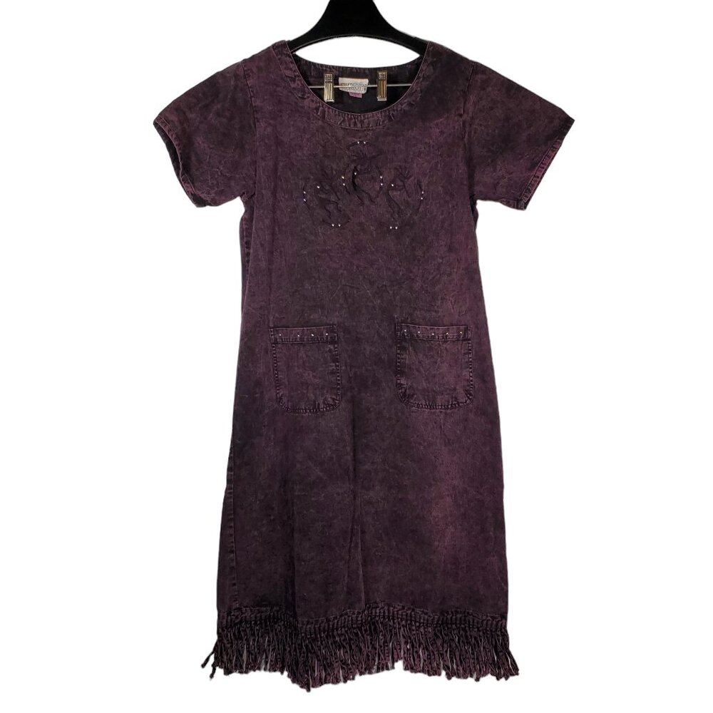 VTG 90s Charlotte Kokopelli T-Shirt Dress Acid-Wash Denim Embroidered Fringe